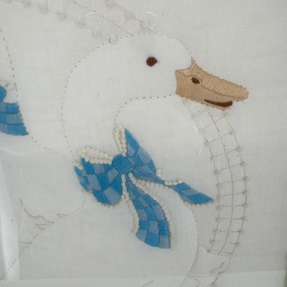 Vintage Framed Goose Embroidery Art Three White Geese Blue Bows Cottagecore